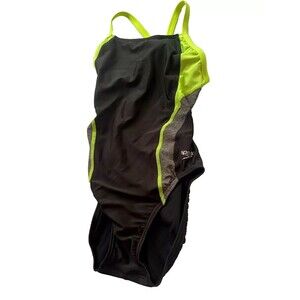 Speedo Relaunch Splice Flyback PROLT Swimsuit Size 30 Black Lime Colorblock